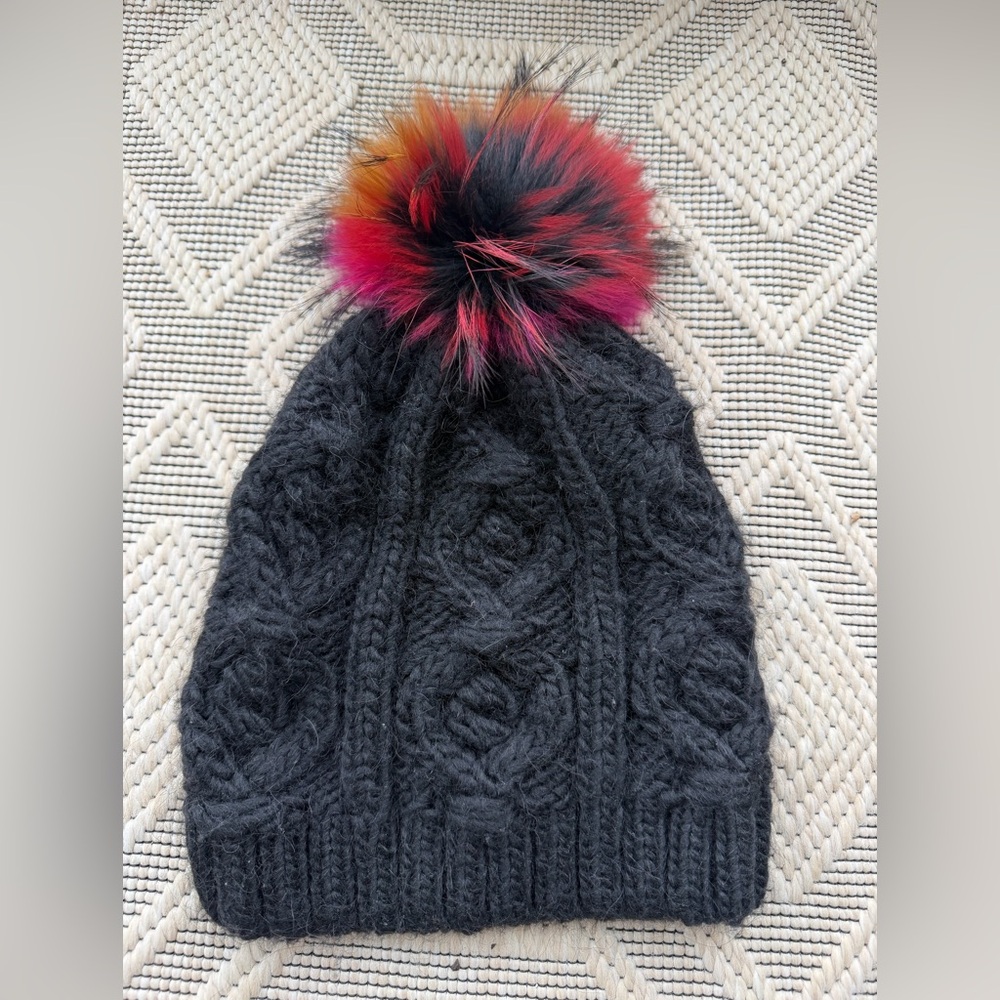 Echo alpaca l/wool blend Black Cable Knit Hat with Colorful Pom real raccoon fur